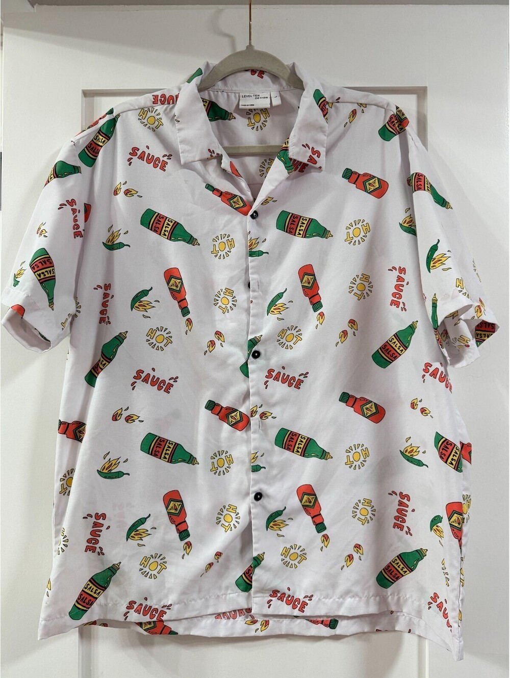 Level Ten Design Hot Sauce Print Button Up Shirt Men's Large White Camp Casual